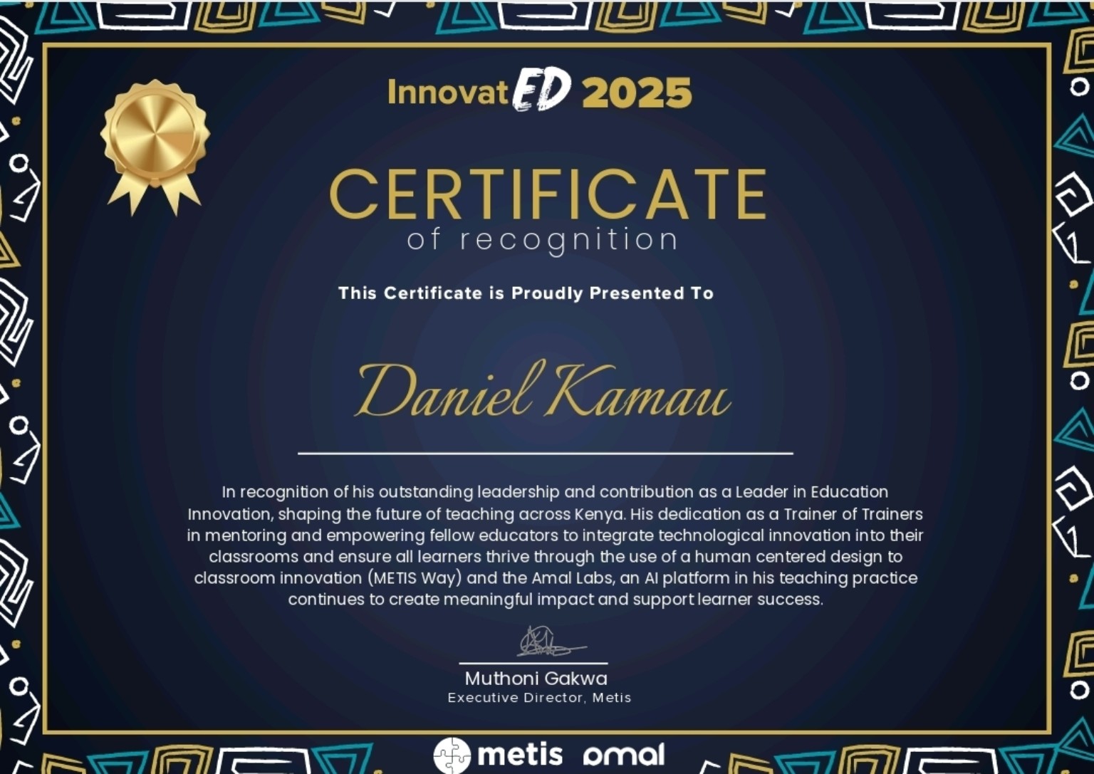 InnovatED 2025 certificate of recognition presented to Daniel Kamau